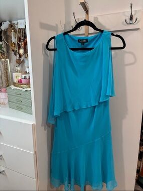 Lauren Ralph Lauren Teal One-Shoulder Layered Chiffon Dress